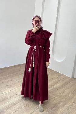 Midye Yaka Keten Elbise Bordo - Görsel 2