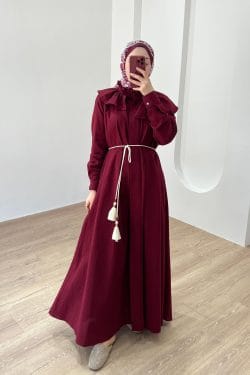 Midye Yaka Keten Elbise Bordo - Görsel 3