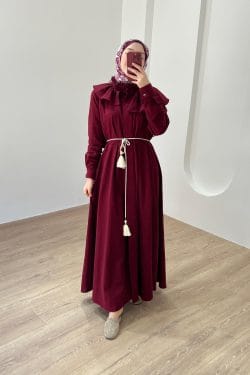 Midye Yaka Keten Elbise Bordo - Görsel 4
