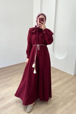 Midye Yaka Keten Elbise Bordo