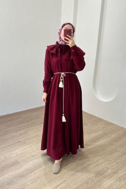 Midye Yaka Keten Elbise Bordo - Görsel 5