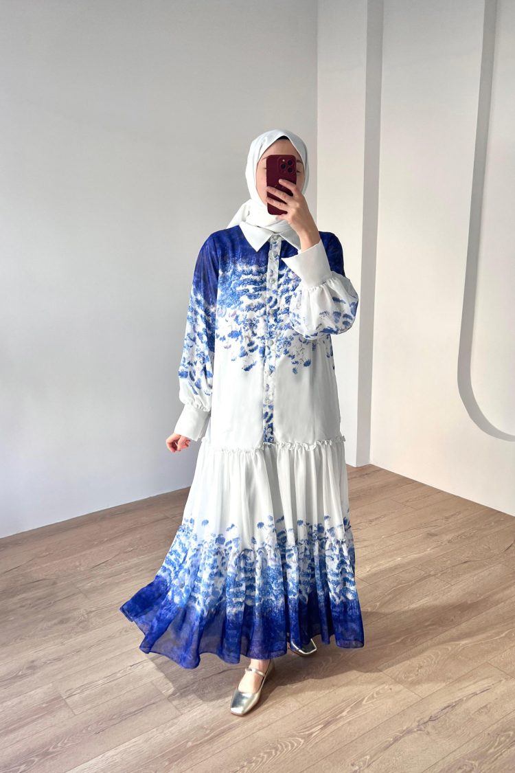 Floral Desen Şifon Elbise Beyaz