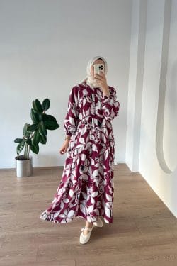 Floral Desen Elbise Bordo - Görsel 2