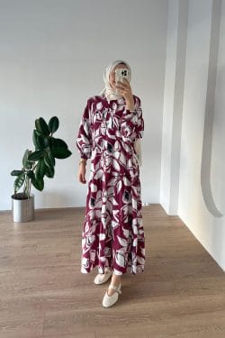 Floral Desen Elbise Bordo
