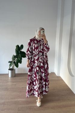 Floral Desen Elbise Bordo - Görsel 5