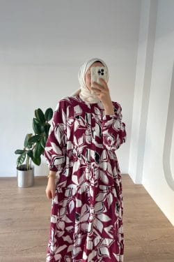 Floral Desen Elbise Bordo - Görsel 4
