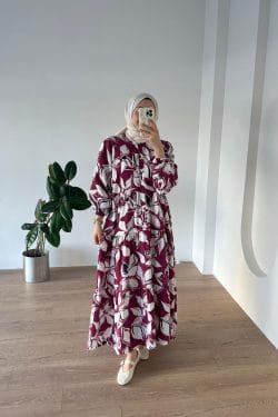 Floral Desen Elbise Bordo - Görsel 3