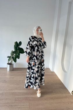 Floral Desen Elbise Siyah - Görsel 3