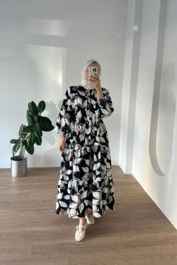 Floral Desen Elbise Siyah - Görsel 2