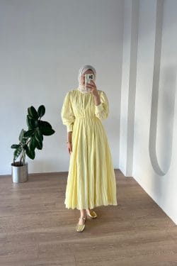 Kırışık Vual Elbise Soft Sarı - Image 2