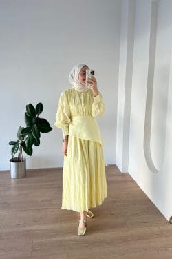 Kırışık Vual Elbise Soft Sarı - Image 3