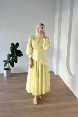 Kırışık Vual Elbise Soft Sarı - Image 4