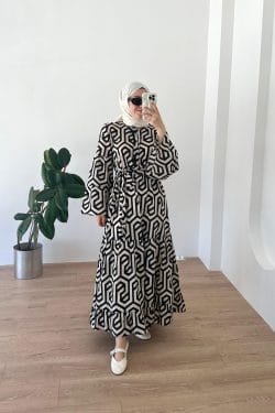 Geometrik Desenli Elbise Bej