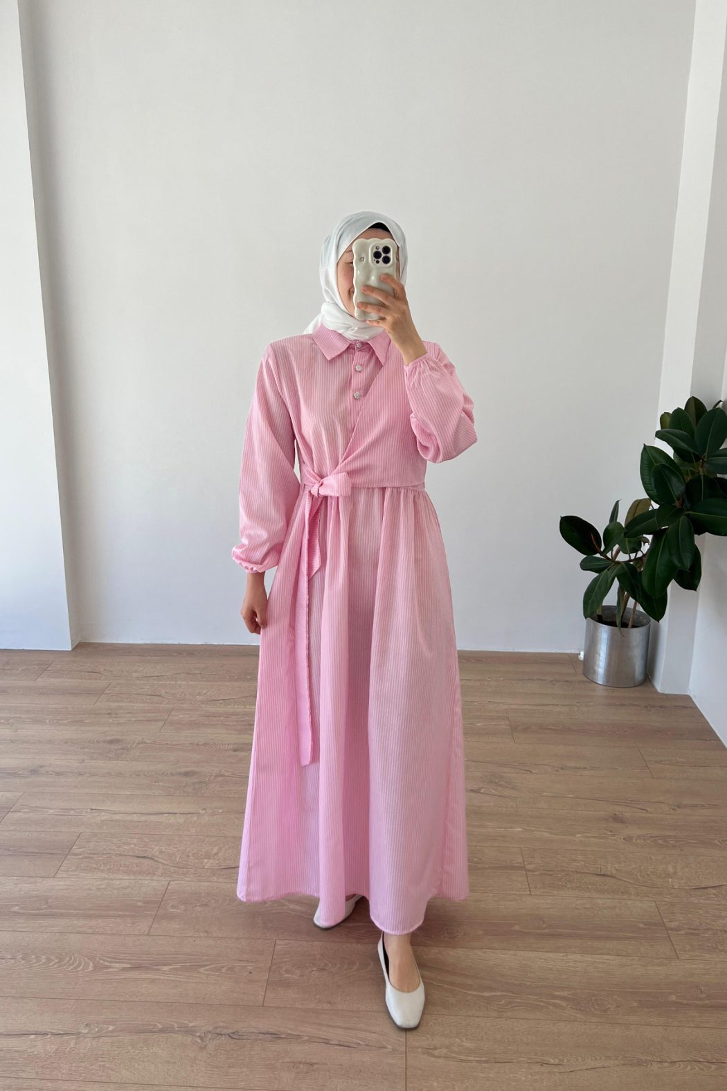Çizgili Elbise Pembe - Görsel 1