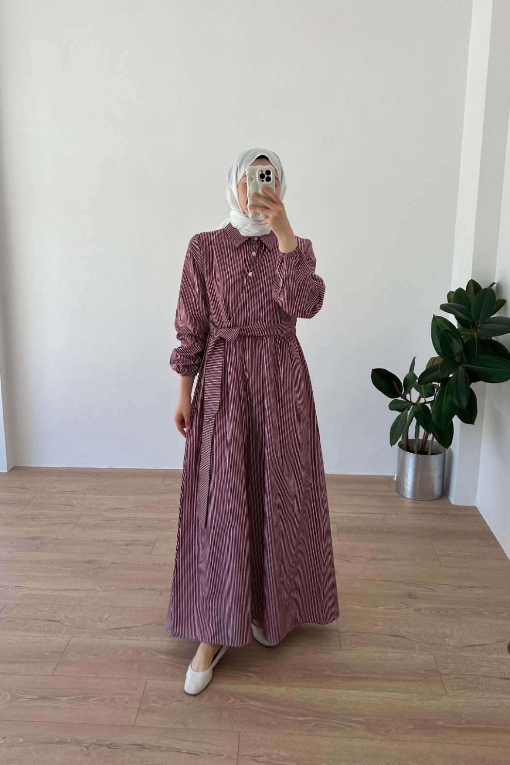 Çizgili Elbise Bordo - Görsel 2