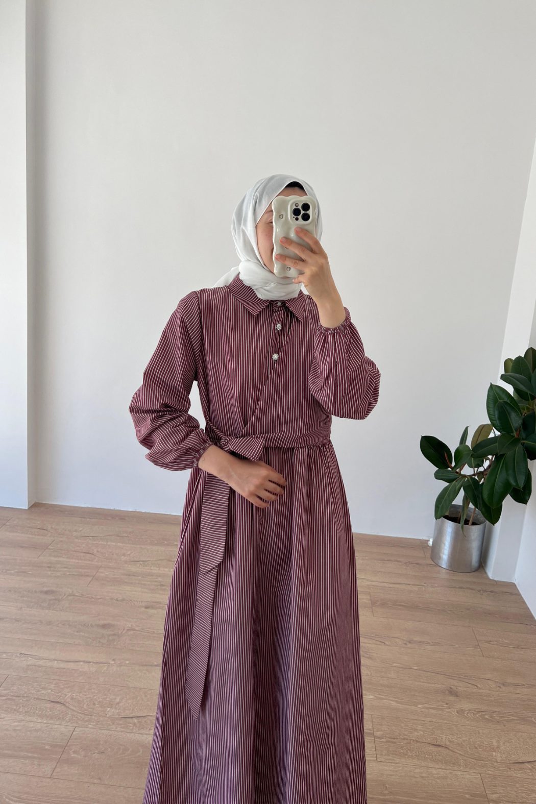 Çizgili Elbise Bordo - Görsel 3