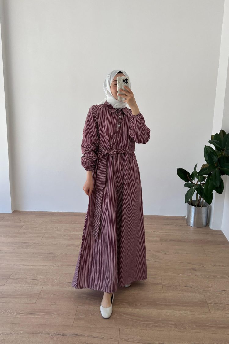 Çizgili Elbise Bordo