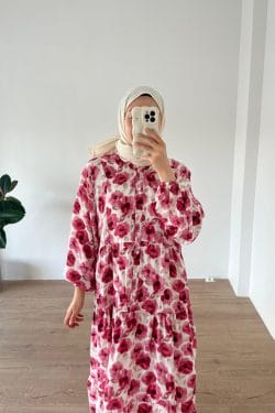 Çiçekli Modal Elbise Kırmızı - Görsel 3