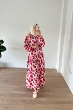 Çiçekli Modal Elbise Kırmızı - Görsel 2