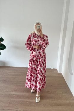 Çiçekli Modal Elbise Kırmızı - Görsel 4