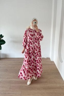 Çiçekli Modal Elbise Kırmızı