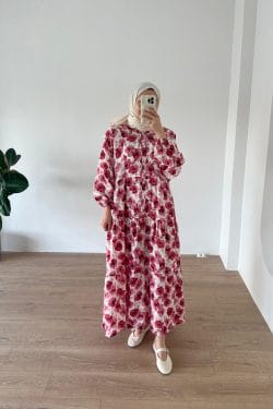 Çiçekli Modal Elbise Kırmızı - Görsel 5