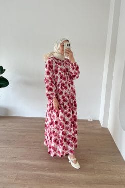 Çiçekli Modal Elbise Kırmızı - Görsel 6
