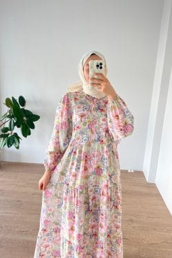 Çiçekli Modal Elbise Pembe - Görsel 3