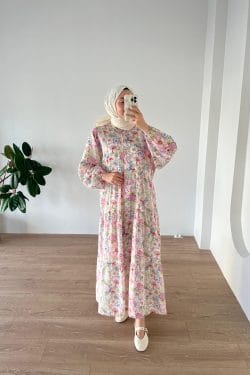 Çiçekli Modal Elbise Pembe - Görsel 4