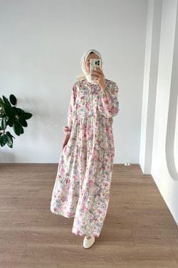 Çiçekli Modal Elbise Pembe - Görsel 5