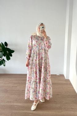 Çiçekli Modal Elbise Pembe