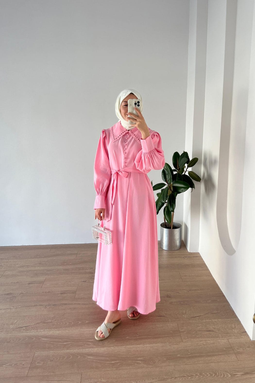 Yakası Nakışlı Modal Elbise Pembe - Görsel 2