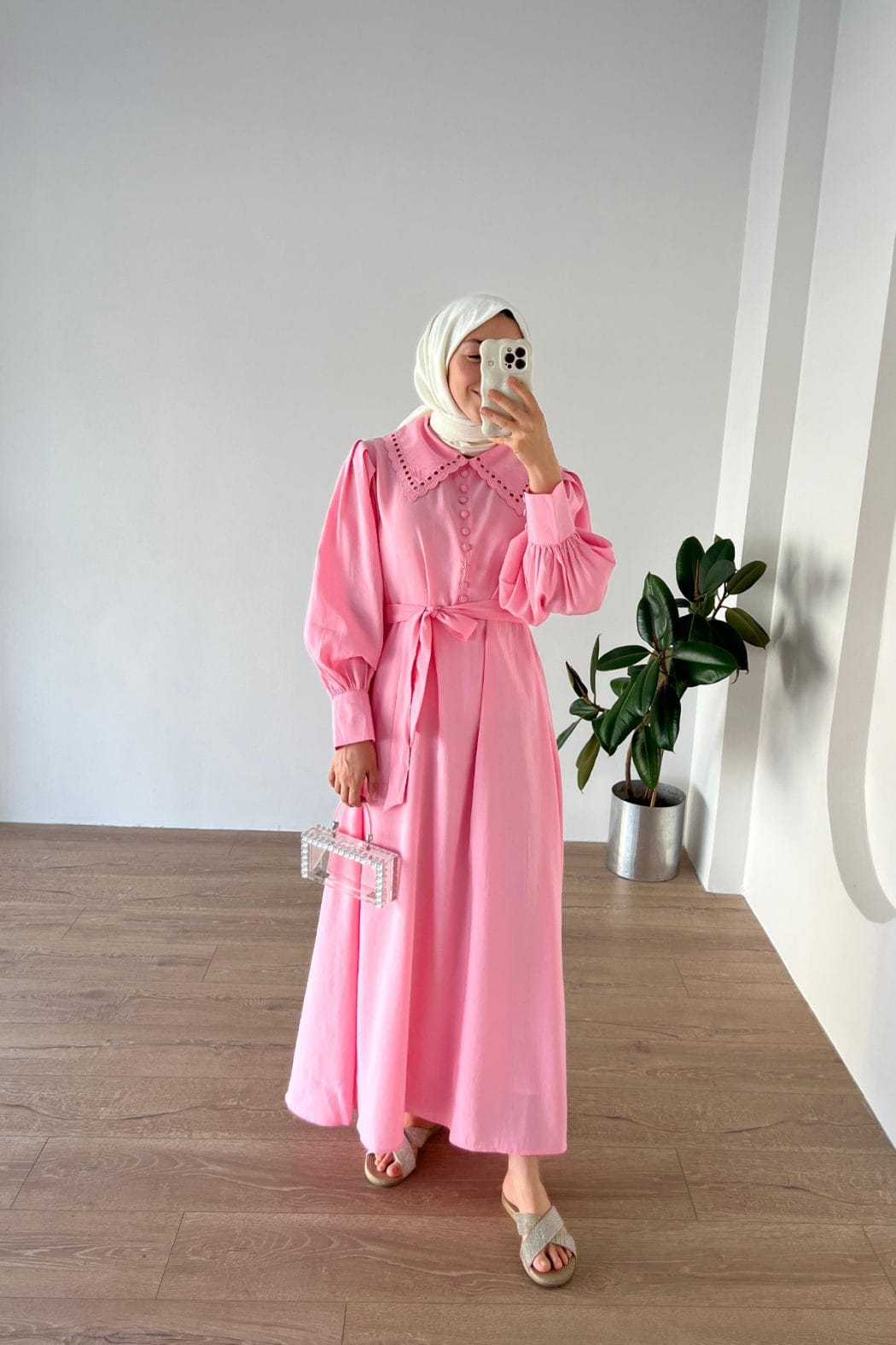 Yakası Nakışlı Modal Elbise Pembe - Görsel 3