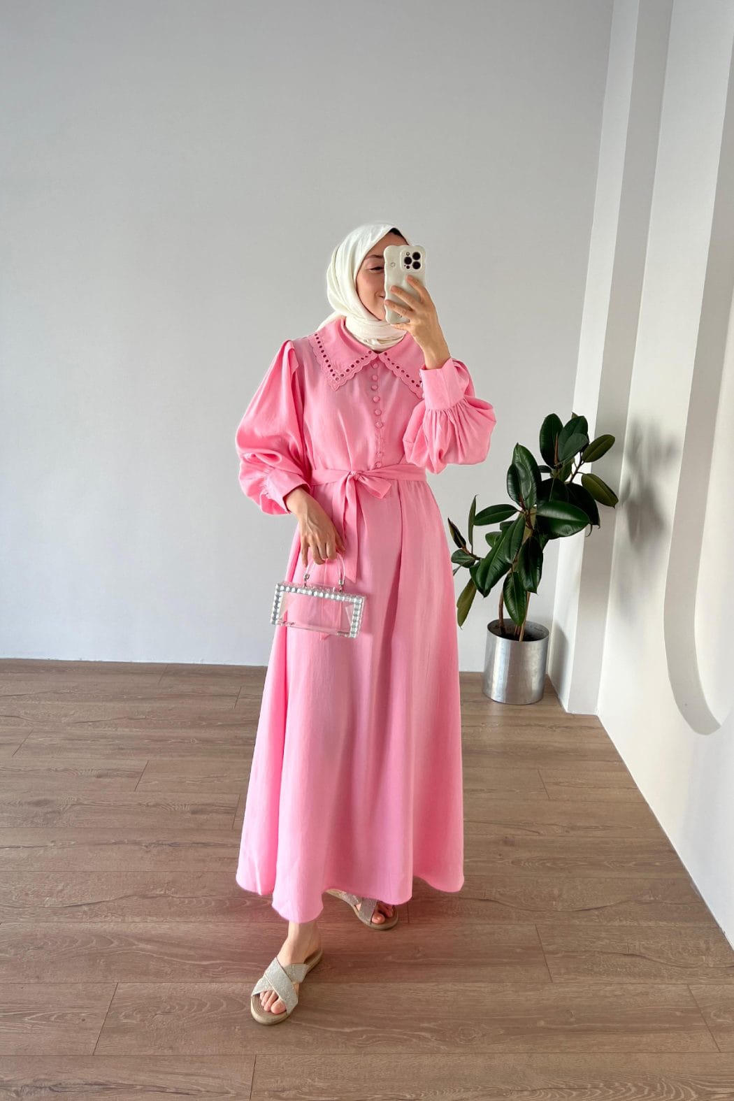 Yakası Nakışlı Modal Elbise Pembe - Görsel 1