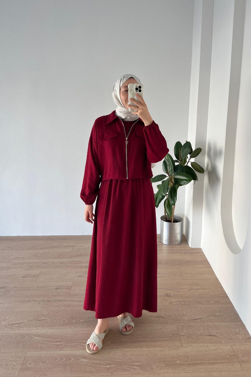 Elbise-Gömlek İkili Takım Bordo - Görsel 1