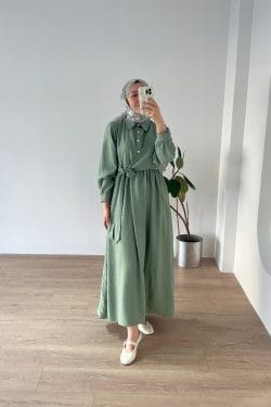 Belden Bağlamalı Elbise Mint