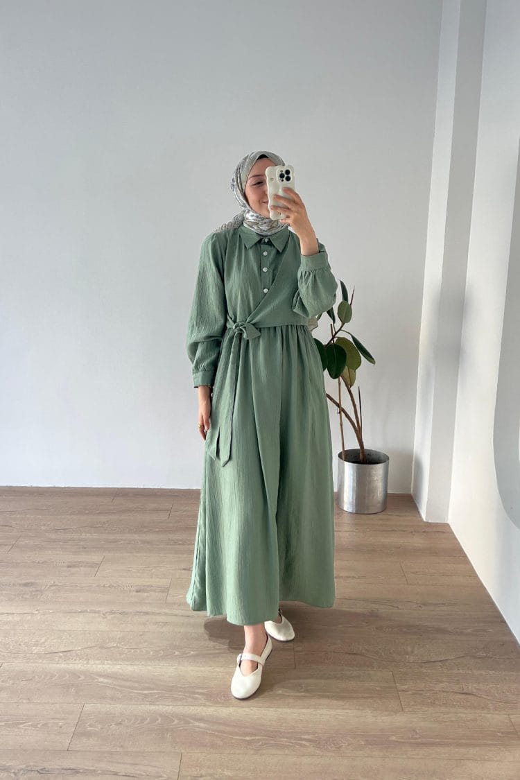 Belden Bağlamalı Elbise Mint