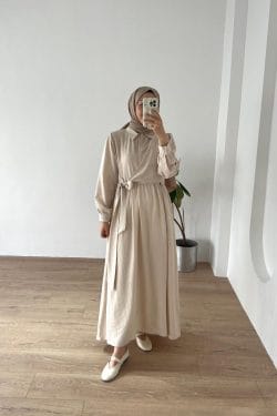 Belden Bağlamalı Elbise Bej - Görsel 3