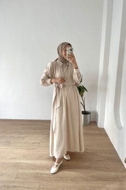 Belden Bağlamalı Elbise Bej - Görsel 2