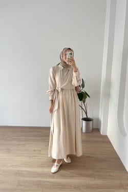 Belden Bağlamalı Elbise Bej