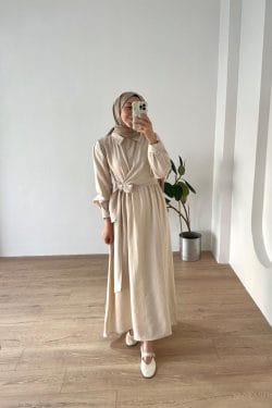 Belden Bağlamalı Elbise Bej - Görsel 4