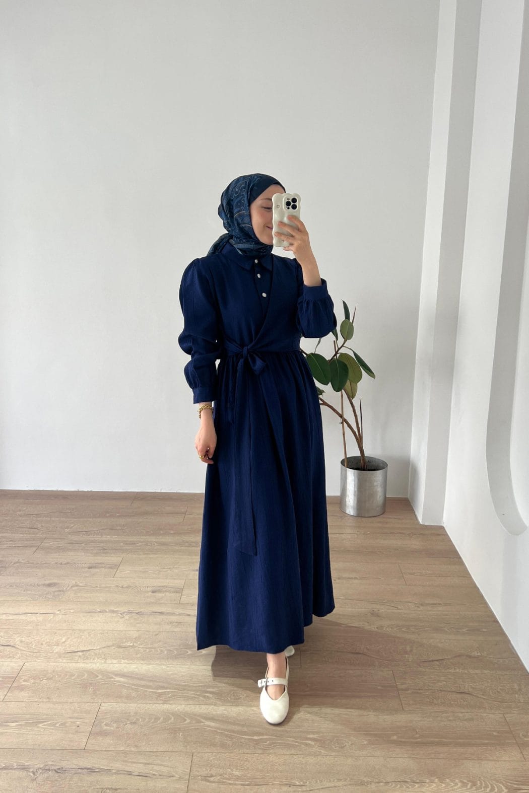 Belden Bağlamalı Elbise Lacivert - Görsel 3