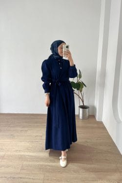 Belden Bağlamalı Elbise Lacivert - Görsel 3