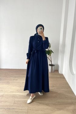 Belden Bağlamalı Elbise Lacivert - Görsel 2