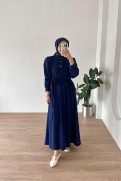 Belden Bağlamalı Elbise Lacivert
