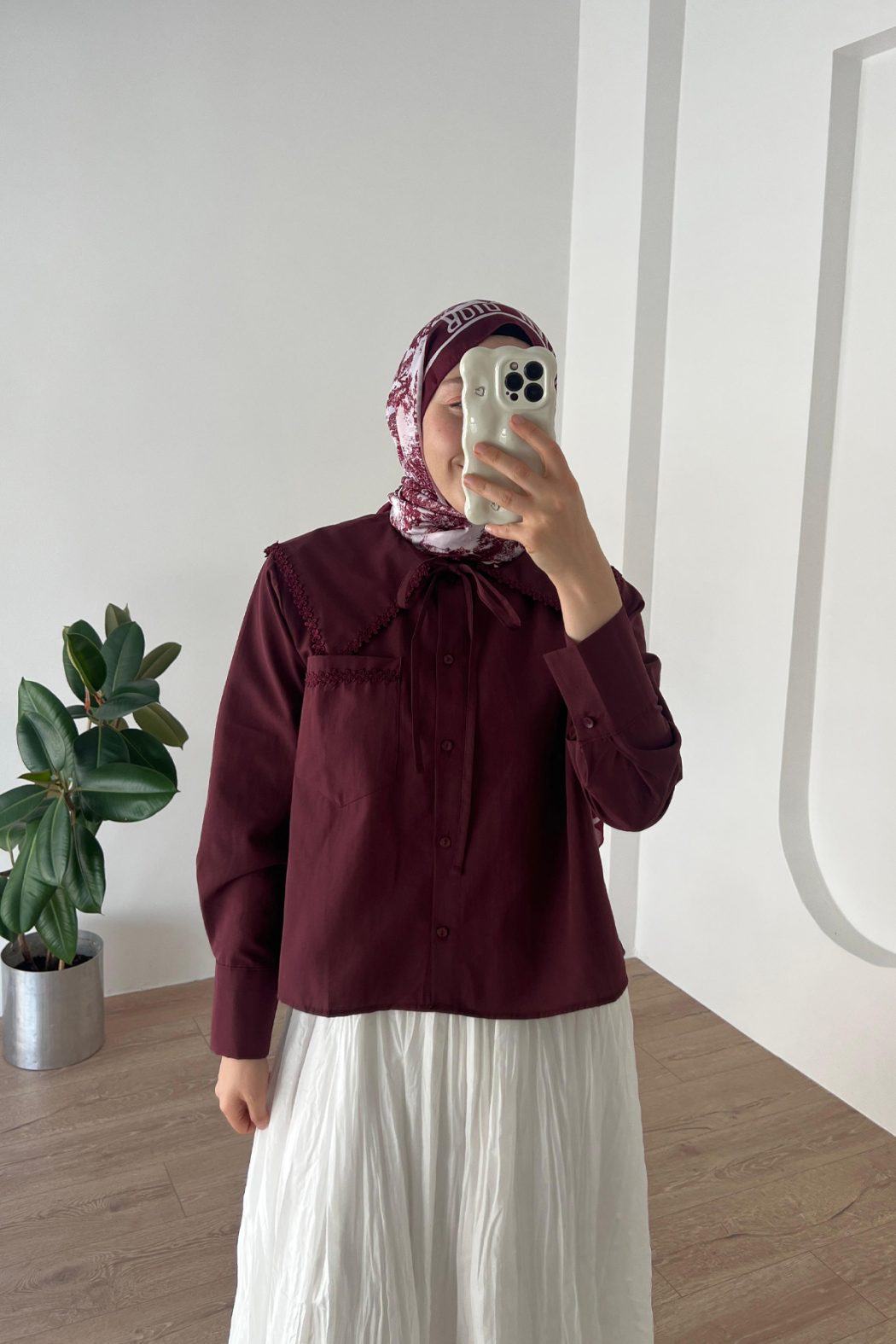 Yaka Detay Krop Gömlek Bordo - Görsel 1