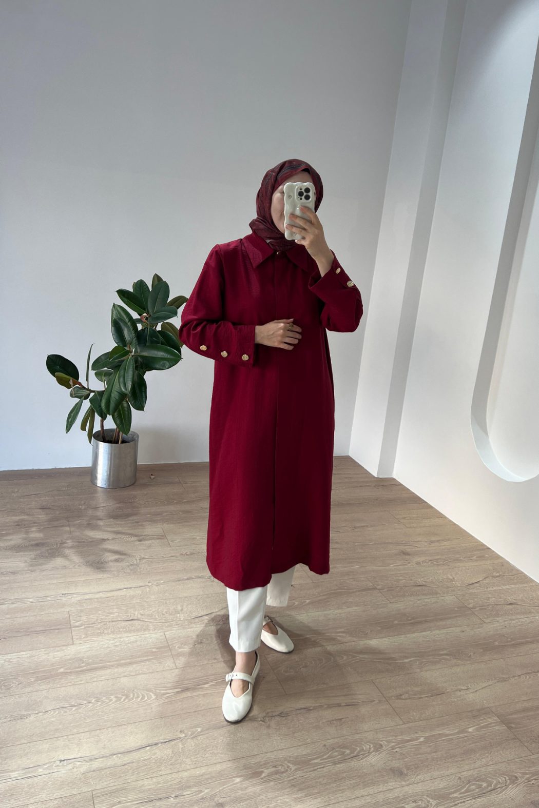 Düğme Detaylı Maxi Gömlek Bordo - Görsel 5