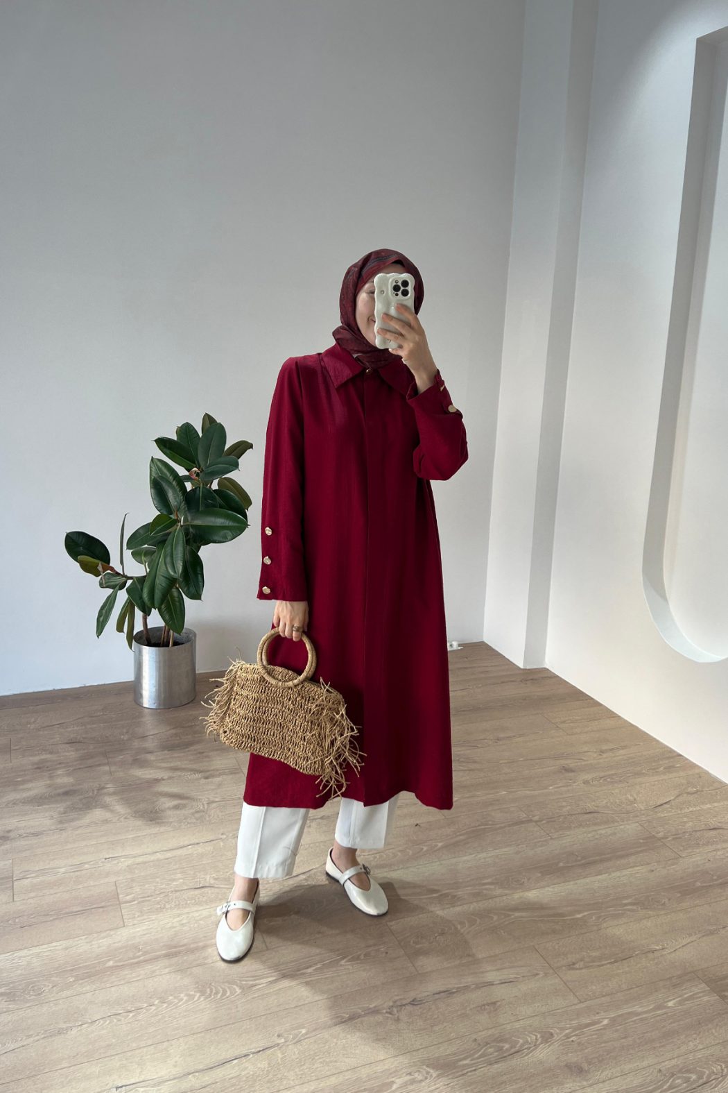 Düğme Detaylı Maxi Gömlek Bordo - Görsel 2