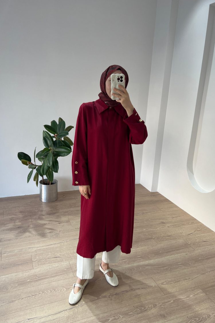 Düğme Detaylı Maxi Gömlek Bordo