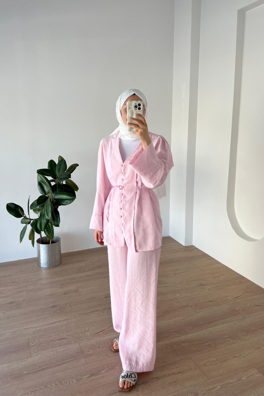 Önden Düğmeli Modal Takım Pembe - Görsel 2